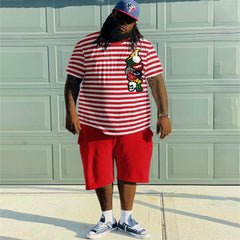 Plus Size Men's Red Stripes T-shirt Shorts Two-Piece Set