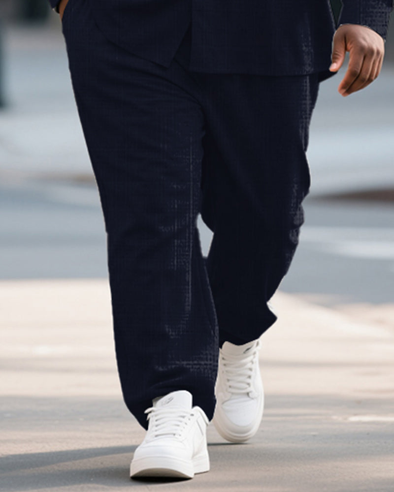 Big & Tall Men's Business Blue Colorblock Stripe Print Bamboo Hemp Texture Long Sleeve Shirt Trousers Suit