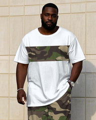 Men's Plus Size Army Camouflage Stitching Design Short Sleeve T-Shirt Trousers Suit