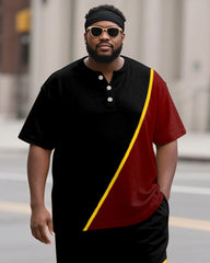 Men's Plus Size Black And Red Color-block Line Print Henry Collar T-shirt Trousers Suit
