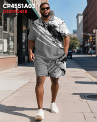 Big & Tall Men's Business Grey Geometric Ink Print Short Sleeve Polo Shirt Shorts Suit