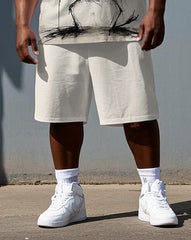 Men's Casual Surprised Elf Illustration Print Big & Tall Breathable Short-Sleeve T-shirt Shorts Set