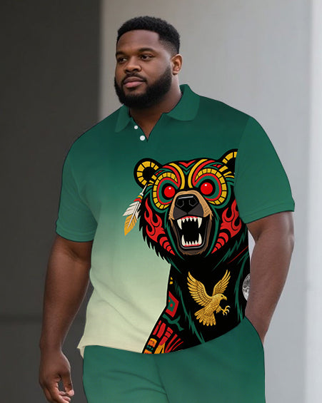 Big Man's Ethical Bear Cartoon Printed Gradient Summer Short-Sleeve Polo Shirt & Shorts Set
