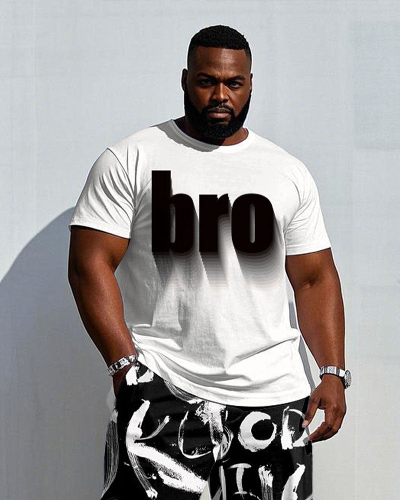 Men's Plus Size Street Graffiti "Brother" Three-dimensional Projection Print Short-sleeved T-shirt Trousers Suit