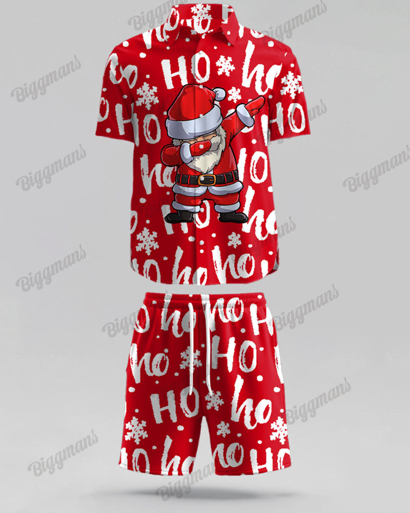 Big Men's Christmas Red Cartoon Letter Print Short Sleeve Shirt Shorts Set