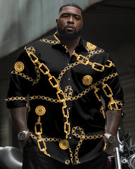 Chain Pattern Printed Long Sleeve Lapel Shirt 2 Piece Set Men's Plus Size