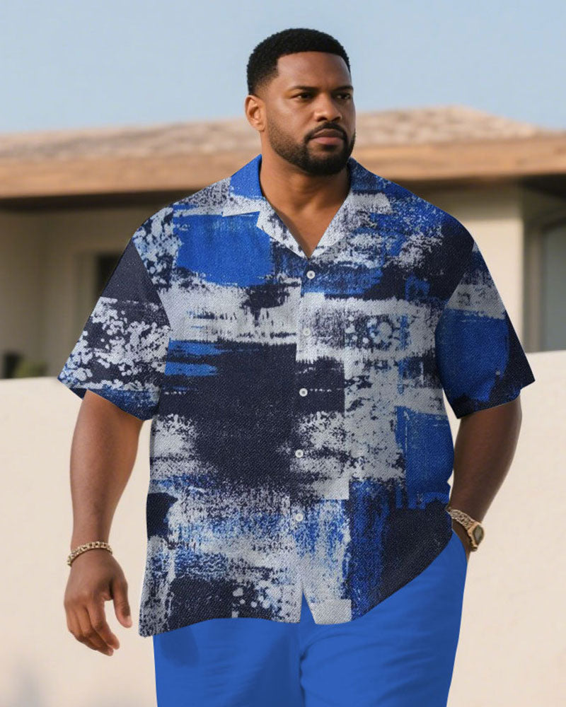 Men's Plus Size Summer Cool Blue Retro Short Sleeve Shirt Shorts Suit