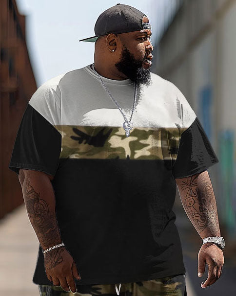 Men's Big Size Street Camouflage Retro Color Block Hip-hop Casual Two-piece Set
