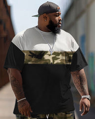 Men's Big Size Street Camouflage Retro Color Block Hip-hop Casual Two-piece Set