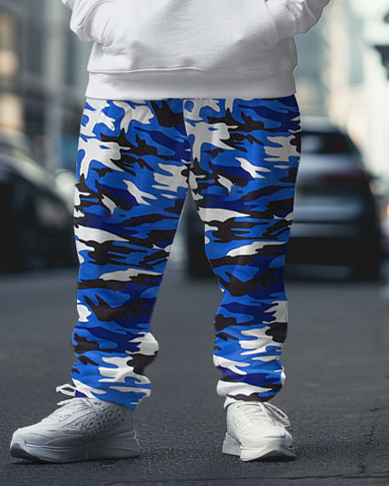 Men's Street Fashion Blue Camouflage Letter M Print Plus Size Hoodie Suit