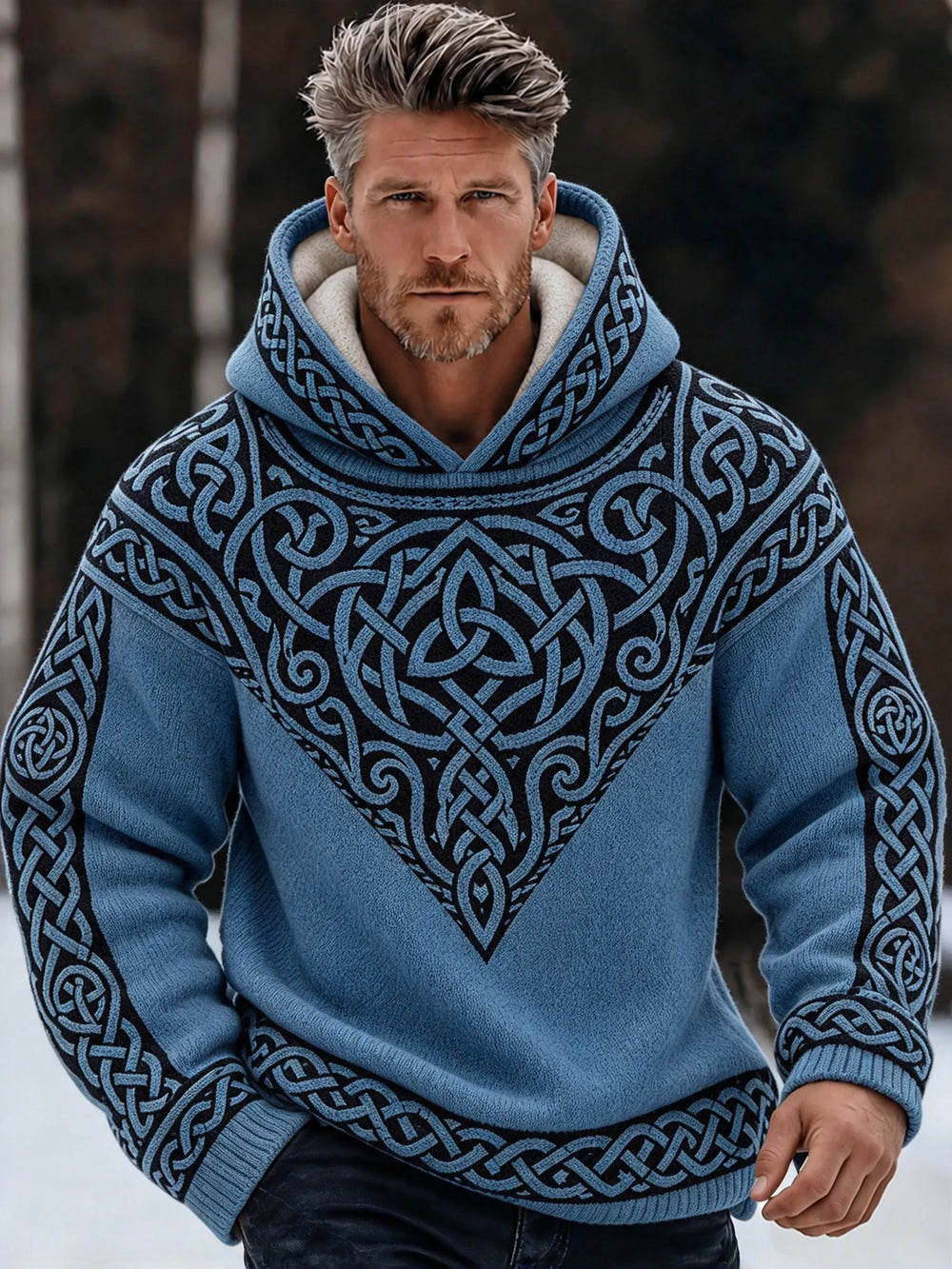 Men's Retro Viking Tribal Celtic Printed  Knit Hooded Sweater