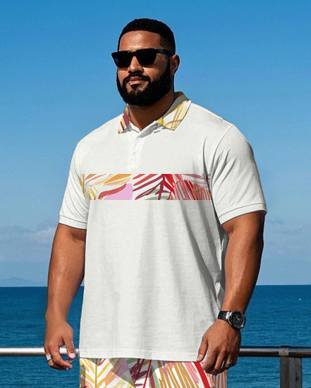 Men's Big Size Hawaii Style Palm Leaf Stripe Printed Daily Casual Short Sleeve Polo Shirt Shorts Set