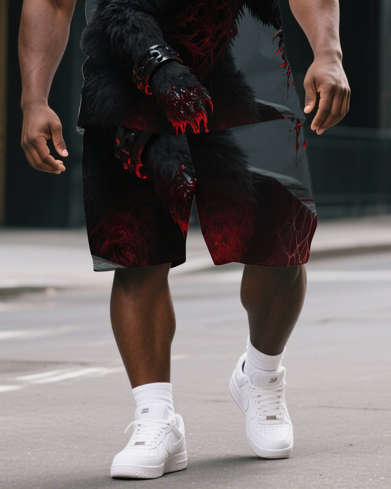 Men's  Big & Tall Casual Gothic Style Chained Bear Printed Short Sleeve T-Shirt Shorts Set