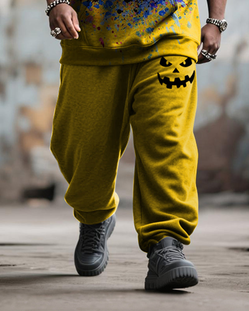 Big & Tall Men's Street Fashion Halloween Pumpkin Graffiti Print Hoodie Suit