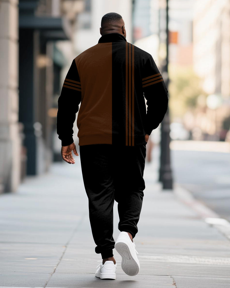 Big & Tall Men's Faith Stripe Colorblock Printed POLO Collar Zipper Long Sleeve Pants Two-Piece Set