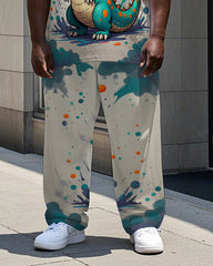 Men's Splash Ink Cute Dinosaur Printed Street Fashion 2-Piece Short Sleeve T-shirt Pants Set