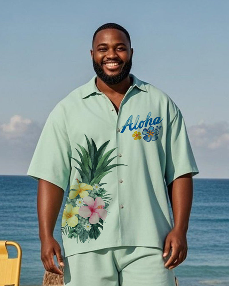 Big & Tall Men's Hawaiian Green Floral Alphabet Print Shirt Shorts Suit