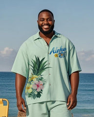 Big & Tall Men's Hawaiian Green Floral Alphabet Print Shirt Shorts Suit