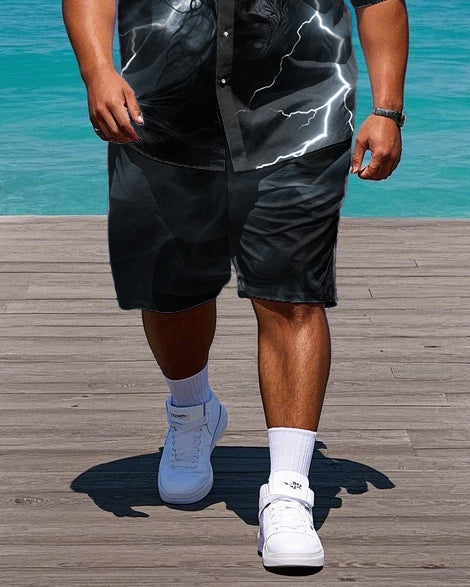 Big Men's Gothic Style Face in Lightning Smog Printed Short-Sleeve Shirt and Shorts Set