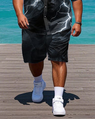 Big Men's Gothic Style Face in Lightning Smog Printed Short-Sleeve Shirt and Shorts Set