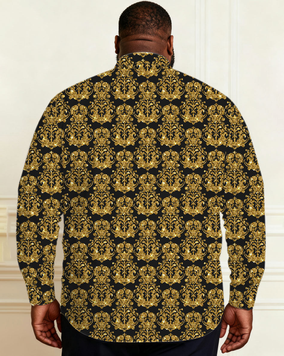 Men's Plus Size Black Baroque Glitter Sequin Long Sleeve Lap Shirt