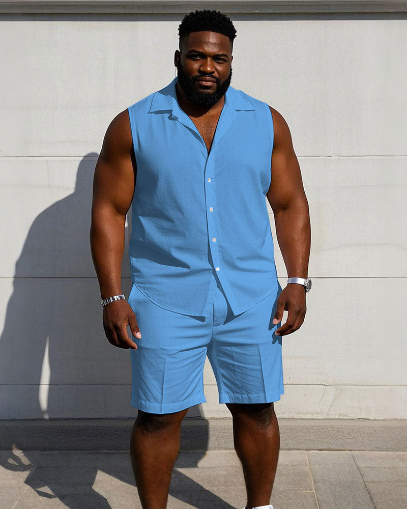Men's Plus Size Sleeveless Vest Shirt Shorts Suit-Solid 10 Color Choice