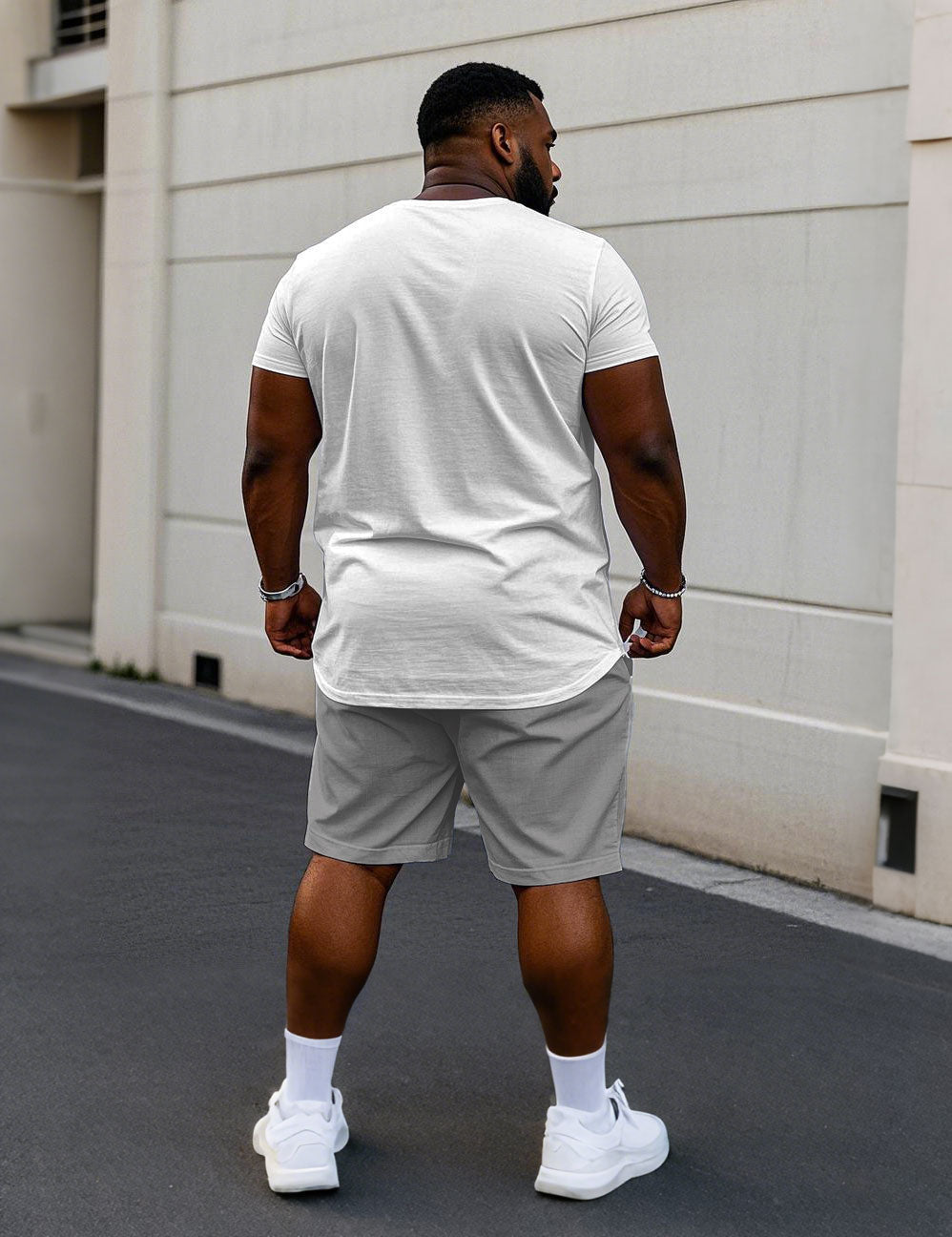 Men's Plus Size Casual Fashion White & Grey Patchwork Printed Short-sleeved T-shirt Shorts Suit