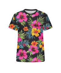 Men's Plus Size Hawaiian Pink Floral Print Henry Collar Button Short Sleeve Tee