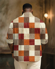 Big & Tall Men's Vintage Brown Plaid Art Print Long Sleeve Bamboo Hemp Texture Shirt