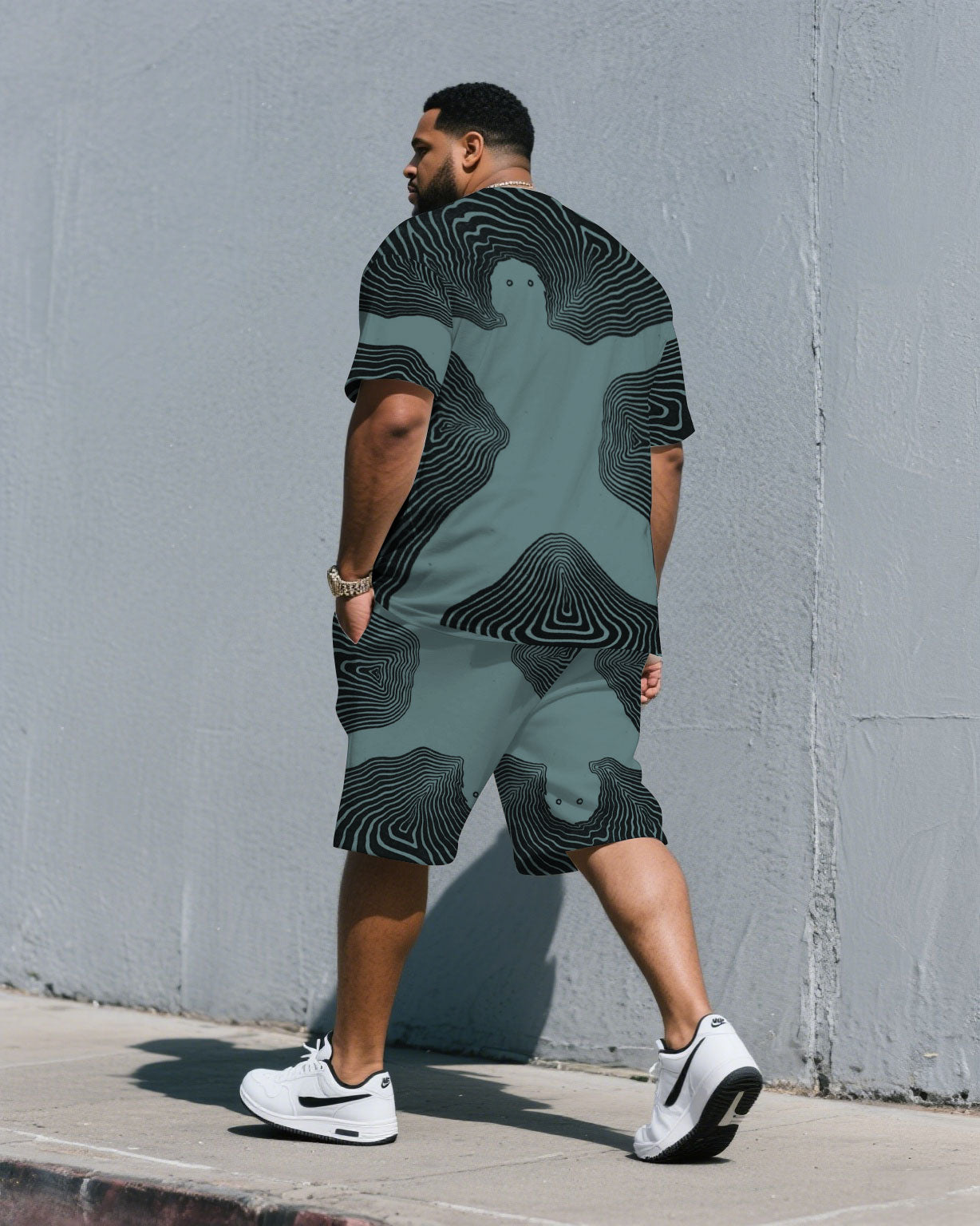 Men's Plus Size Irregular Line Human Shape Outline Fashion Round Neck Short Sleeve T-shirt Shorts Suit