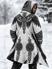 Men's Vintage White Viking Raven Rune Compass Longline Hooded Jacket