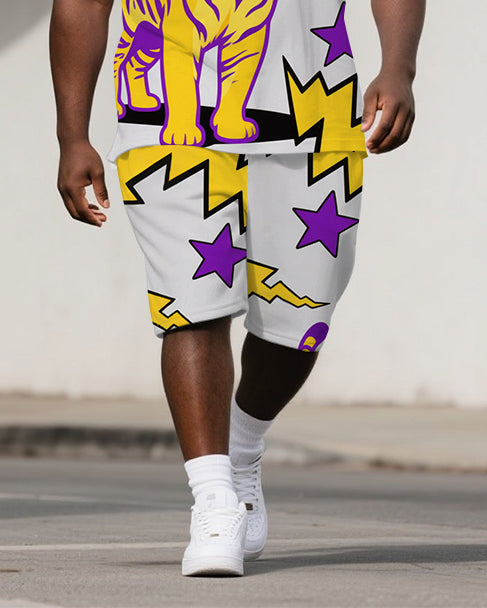 Big Men's Street Fashion Funny Roaring Tiger Cartoon Printed Short-Sleeve Polo Shirt & Shorts Set