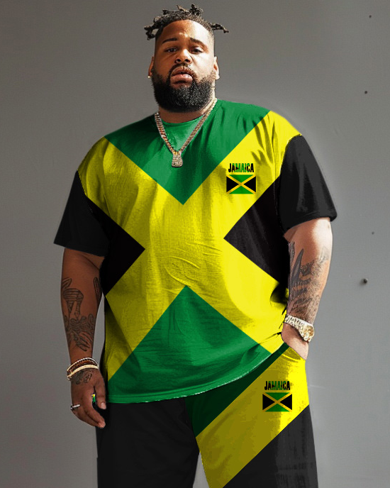 Men's Plus Size Jamaican Flag Colors T-Shirt Shorts Set