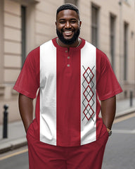 Men's Plus Size Red And White Color Block Geometric Print Henry Collar T-shirt Trousers Suit