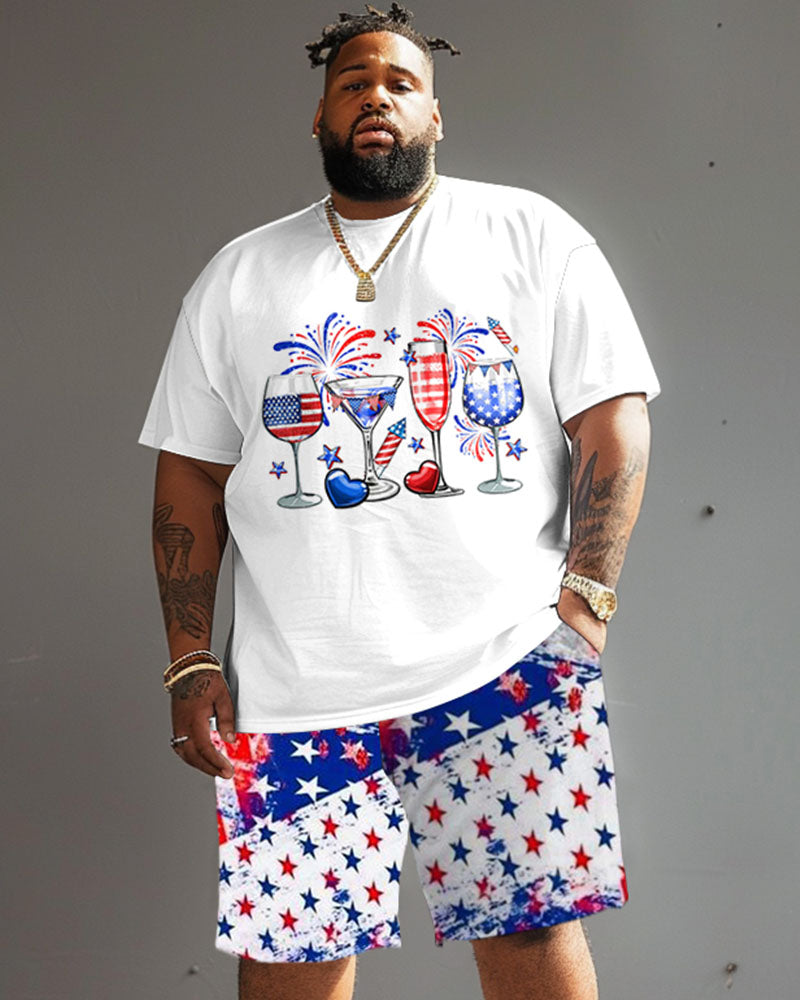 Men's Big & Tall Independence Day Flag Wine Glass Fireworks Print T-Shirt Set