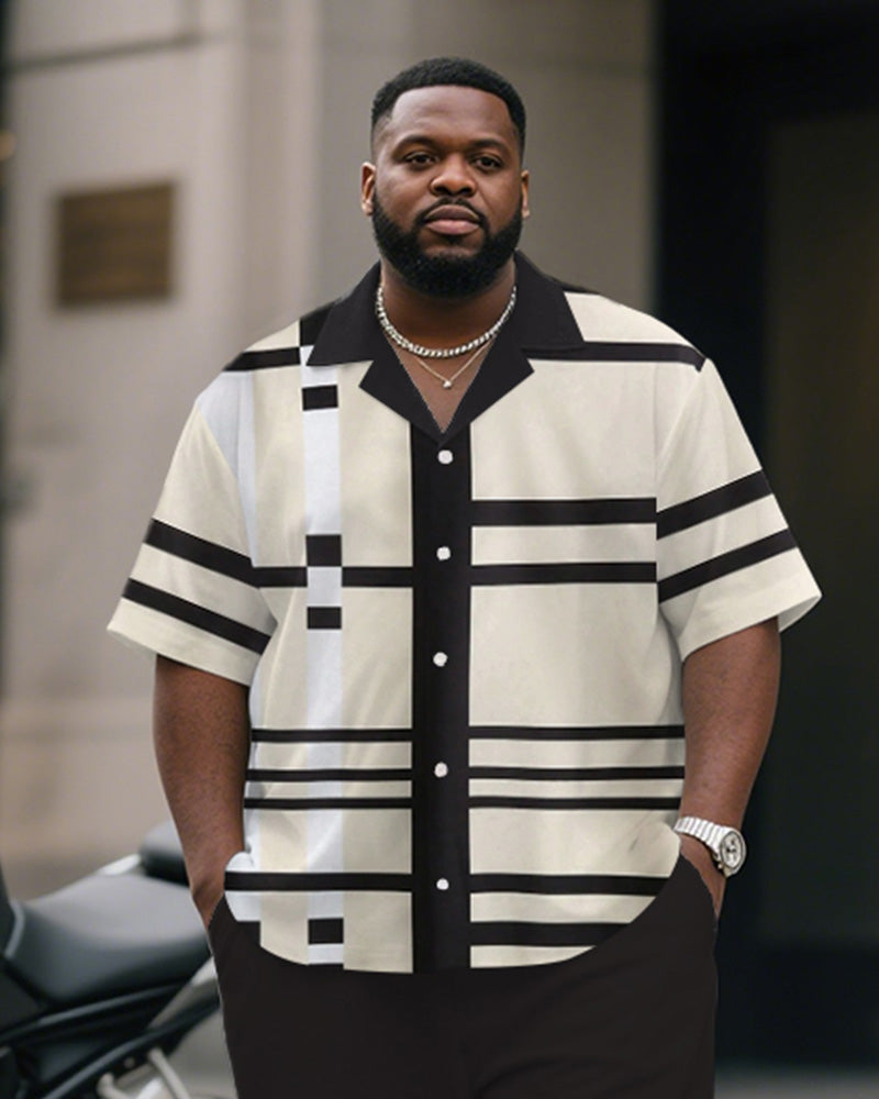 Men's Plus Size Simple Brown Apricot Color-block Striped Printed Short-sleeved Shirt Trousers Suit