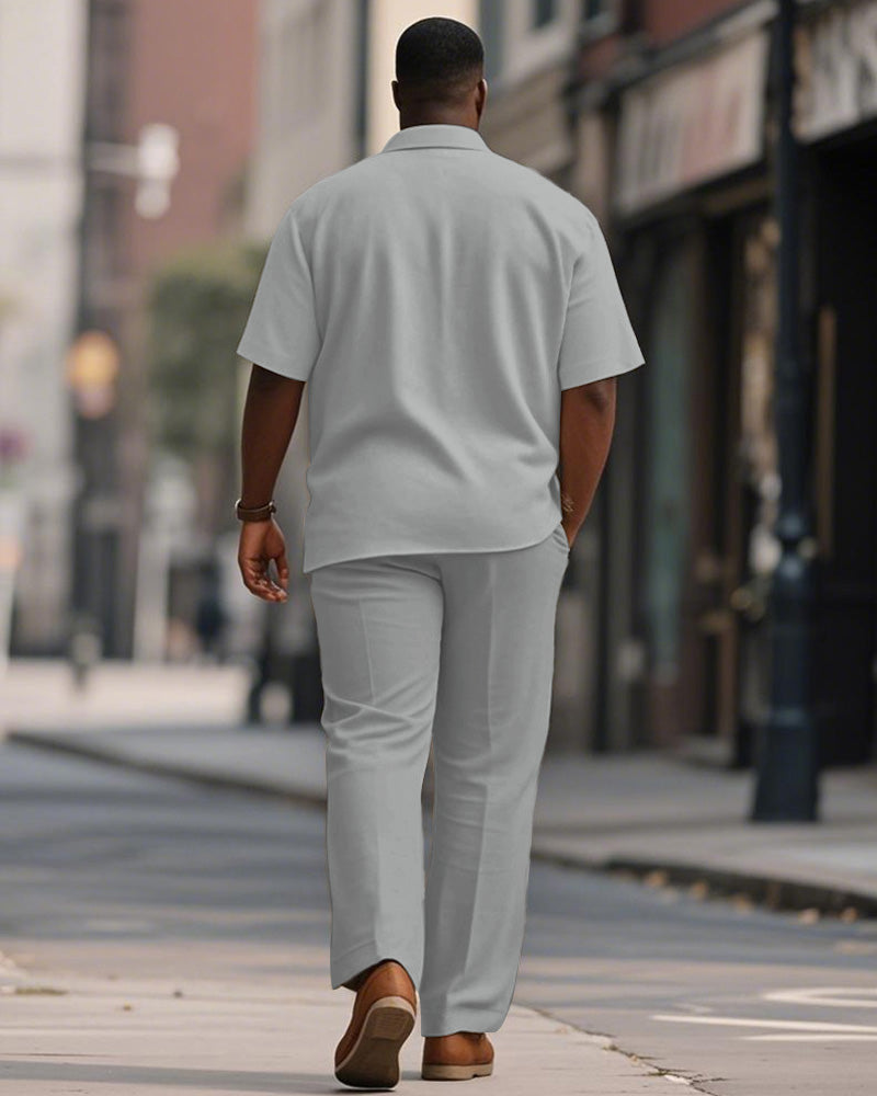 Men's Plus Size Light Gray Stripe Geometric Print Short Sleeve Shirt Trousers Suit
