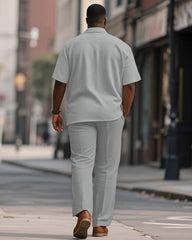 Men's Plus Size Light Gray Stripe Geometric Print Short Sleeve Shirt Trousers Suit