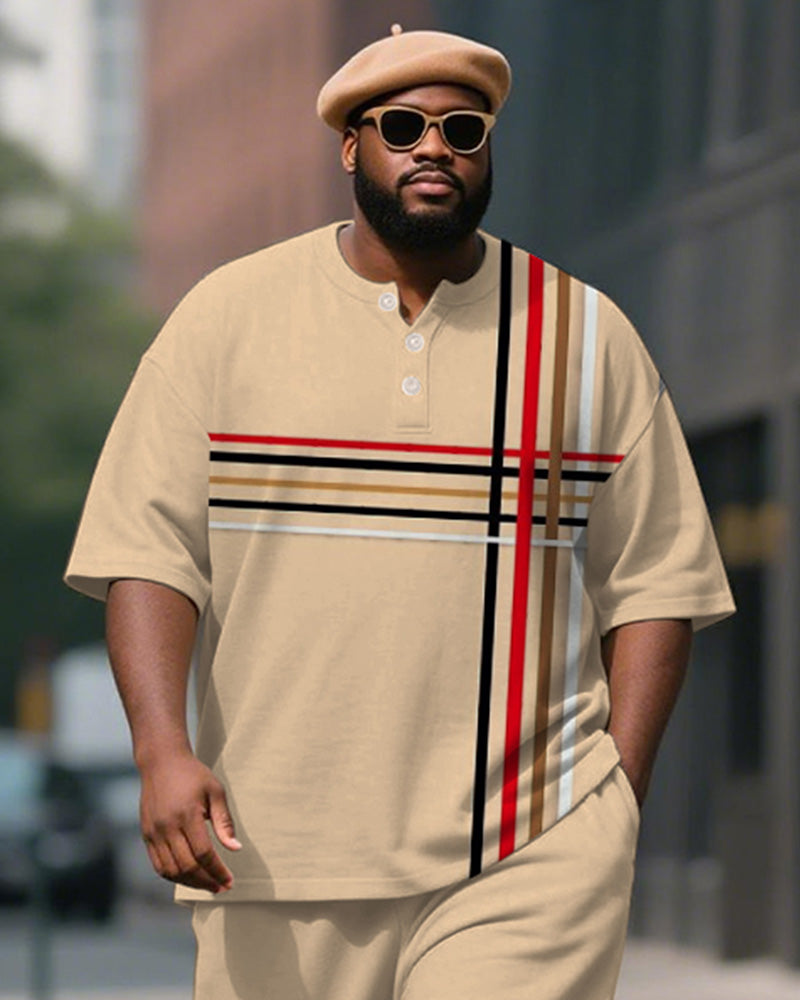 Men's Plus Size Khaki Color-block Line Print Henry Collar T-shirt Trousers Suit