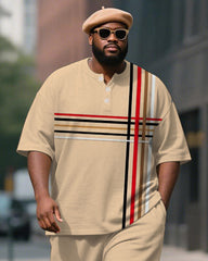 Men's Plus Size Khaki Color-block Line Print Henry Collar T-shirt Trousers Suit