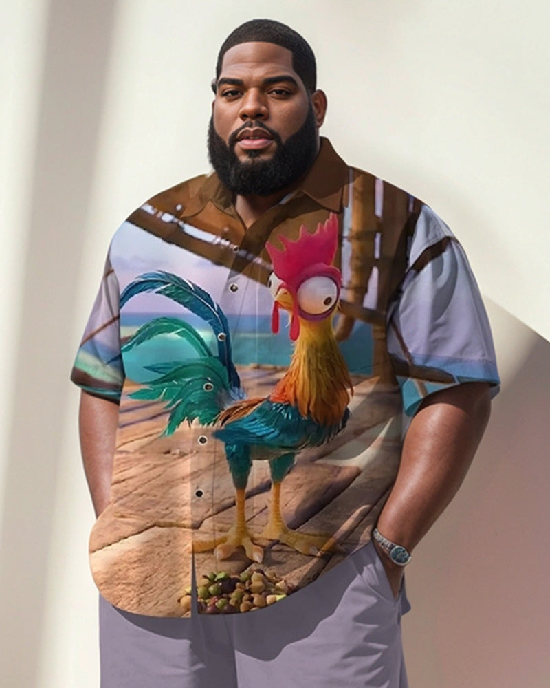 Men's Plus Size Street Fashion Purple Cartoon Fun Chick Print Shirt Shorts Suit
