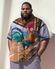 Men's Plus Size Street Fashion Purple Cartoon Fun Chick Print Shirt Shorts Suit