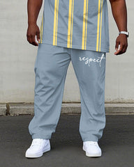 Men's Plus Size Casual Vertical Stripes Chest Handwritten "Respect" Slogan Printed Short Sleeve T-Shirt Trousers Suit