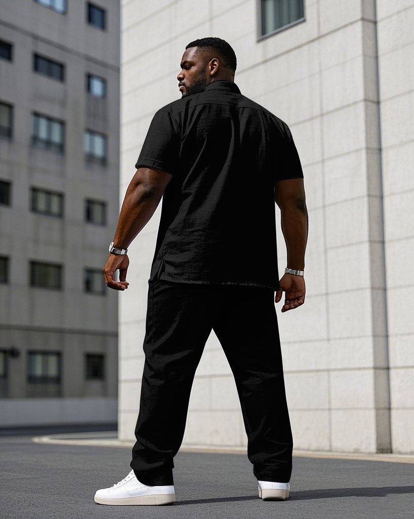 Men's Plus Size Business Simple Black & White Stitching Short Sleeve Shirt Trousers Suit