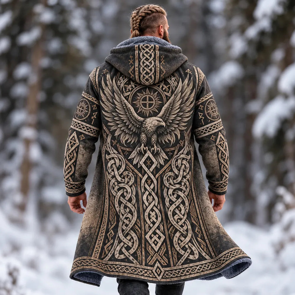 Men's Vintage Viking Eagle Celtic Knot Art Print Fleece-lined Warm Mid-length Zip Up Hooded Coat