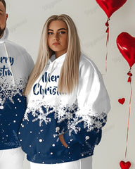 Couple Fashion Casual Big and Tall Romantic Blue Christmas Snowflake Hoodie Set