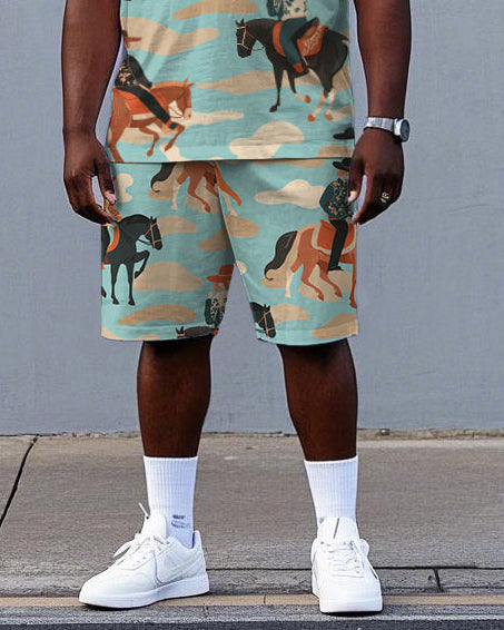 Big Men Hawaiian Style Horse Riding Cowboy Print Short Sleeve T-shirt and Shorts Set