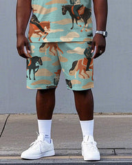 Big Men Hawaiian Style Horse Riding Cowboy Print Short Sleeve T-shirt and Shorts Set