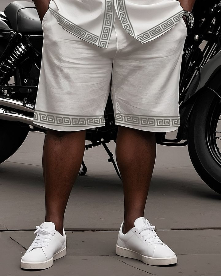 Big Man's Retro Daily Casual Edge Color Block Printing Short Sleeve Shirt Shorts Suit