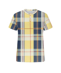 Men's Plus Size Yellow Check Print Henry Collar Button Short Sleeve T-shirt